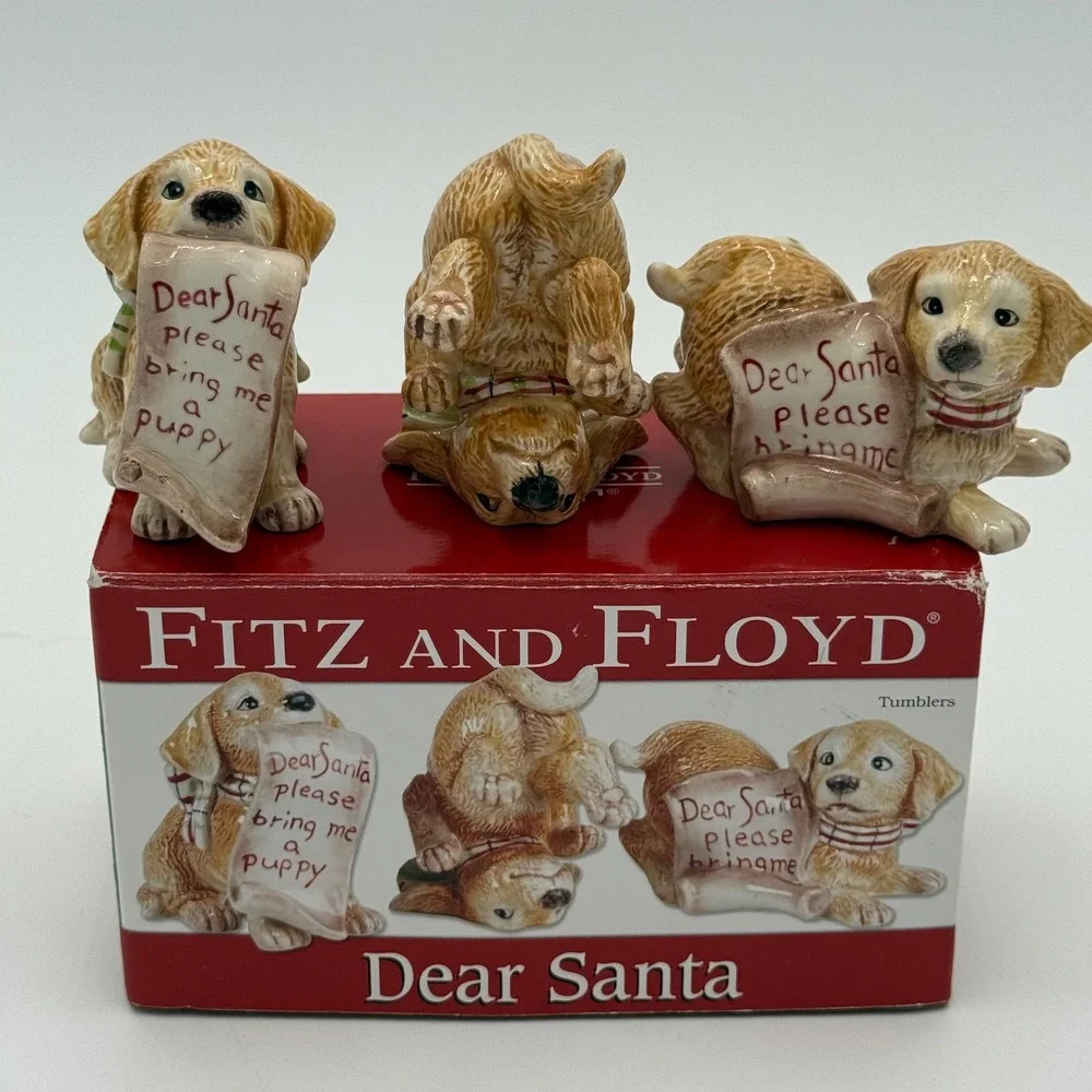 Fitz and Floyd Dear‎ Santa Puppy Dog Figurines Set of 3 Christmas Holiday Decor